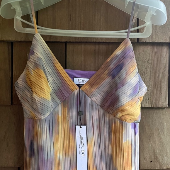 BCBG NEW YORK Women's Sleeveless Pleated Midi Dress Lilac Yellow Sundress Size M - Picture 3 of 15